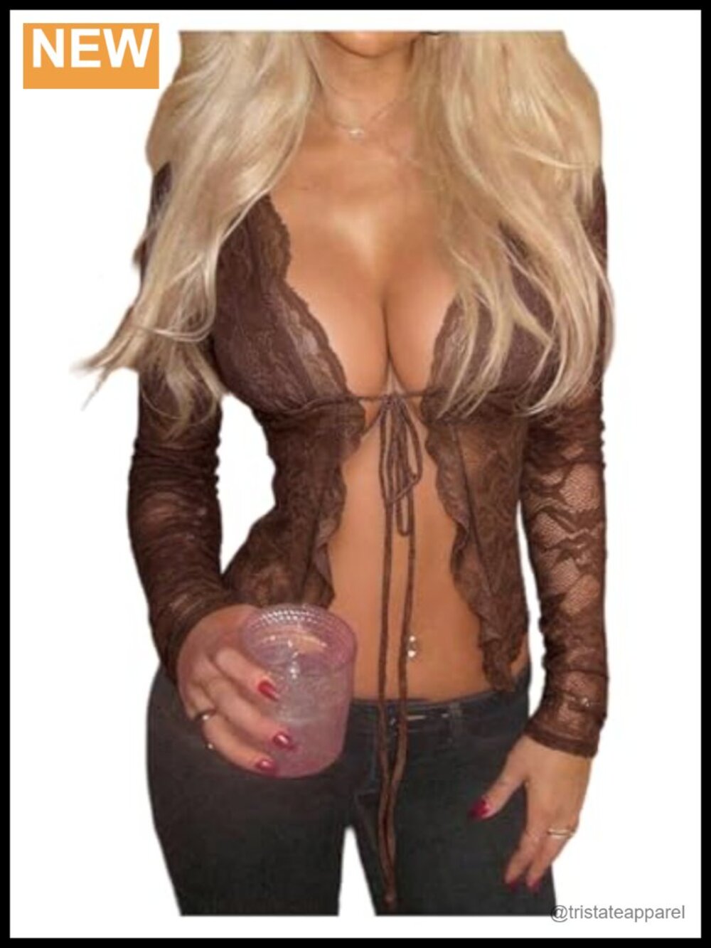 Women's Long Sleeve Lace Blouse V-Neck Tie Front Sheer Party Top